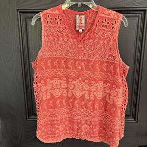 Johnny Was Boho Embroidered Eyelet Coral Sleeveless Blouse Size L Red Orange
